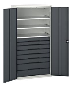 Verso kitted cupboard with 3 shelves, 8 drawers. WxDxH: 1050x550x2000mm. RAL 7035/5010 or selected Bott Verso Basic Tool Cupboards Cupboard with shelves